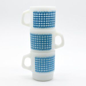 Fire King Fringed Gingham Set of 3 Stackable Mugs